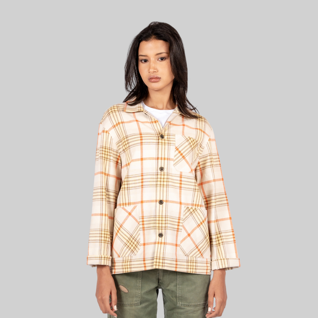 Chemise de travail à carreaux écru et orange tissée à la main