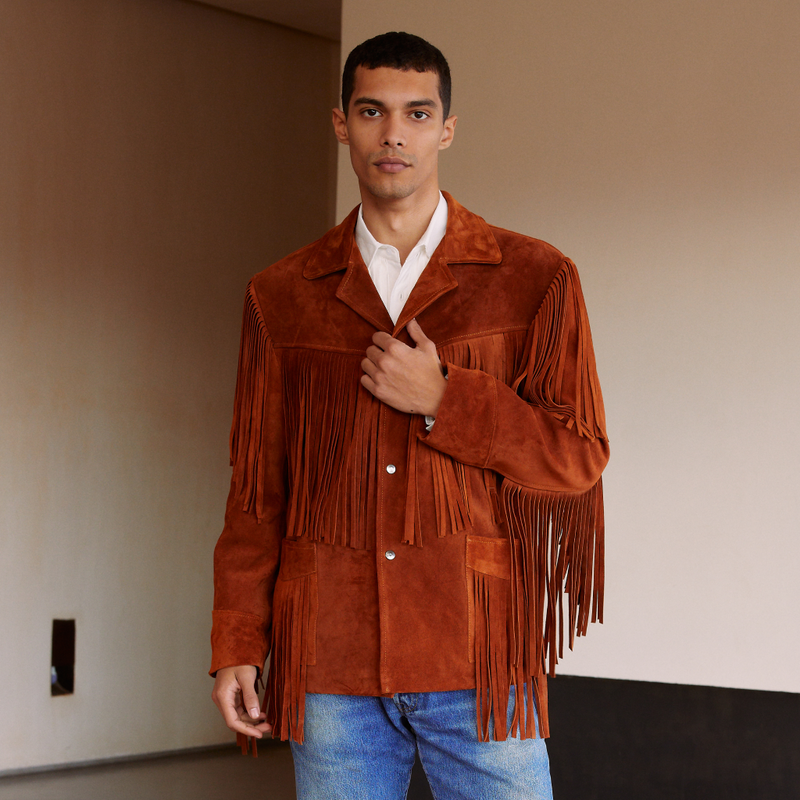 Veste western en daim avec franges et peau de vache — PLV