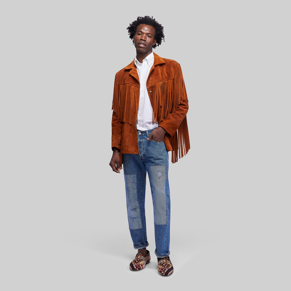 Veste western en daim avec franges et peau de vache — PLV