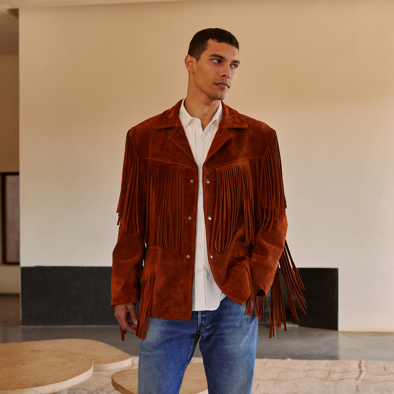 Veste western en daim avec franges et peau de vache — PLV