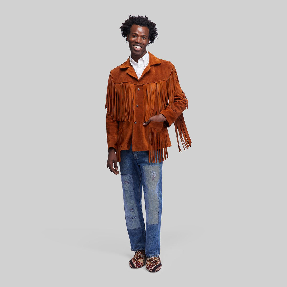 Veste western en daim avec franges et peau de vache — PLV