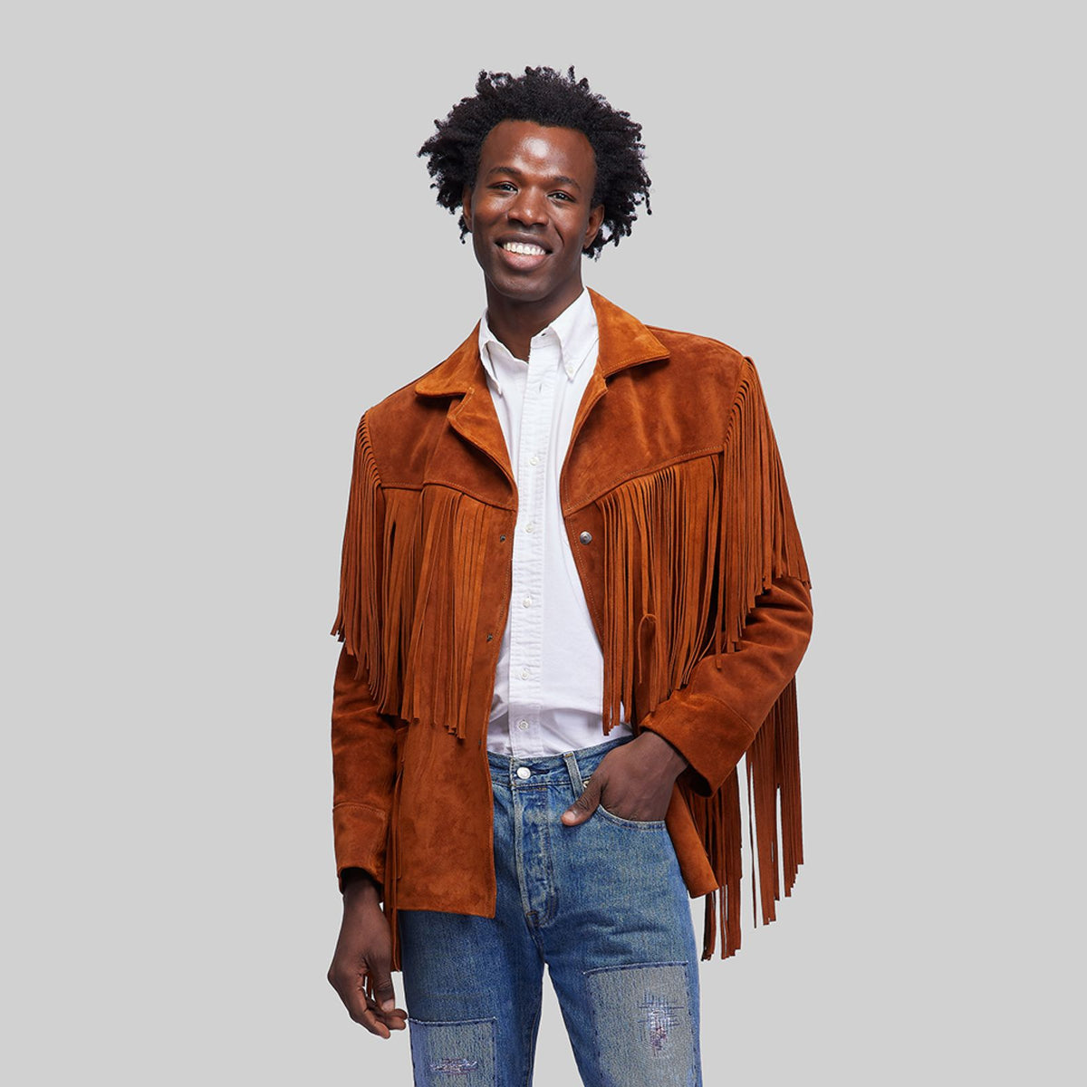Veste western en daim avec franges et peau de vache — PLV